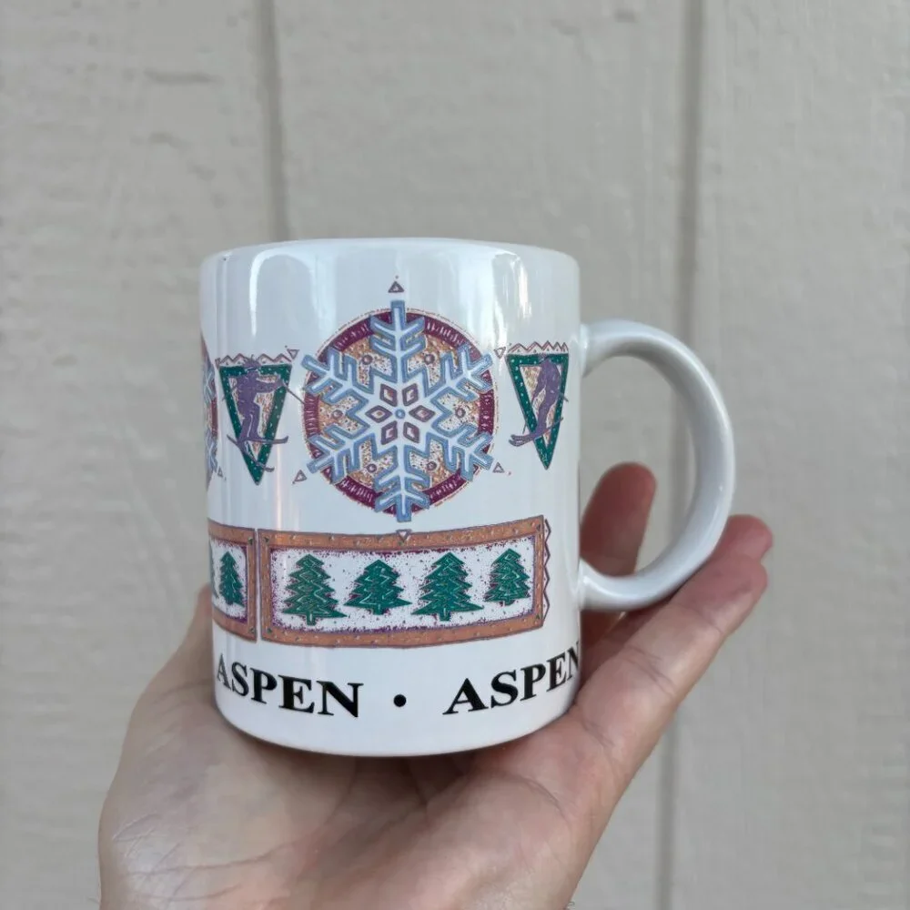 Vintage Aspen Colorado Coffee Mug Multicolor Skiing Winter Outdoor Retro 90s